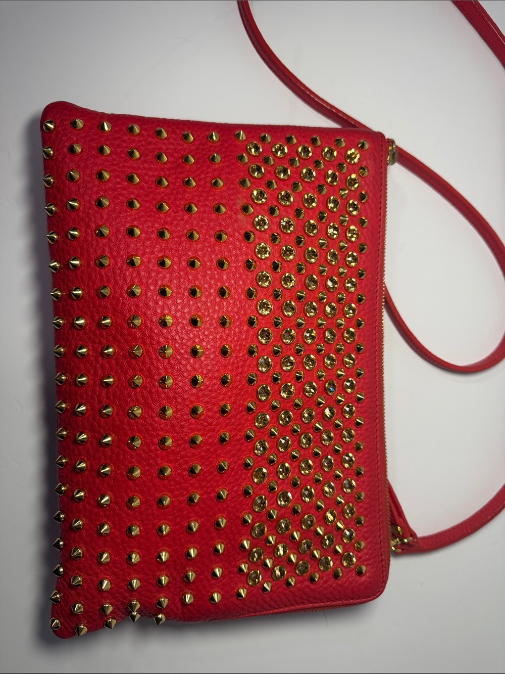 MCM Studded Crossbody / Wristlet– Red Pebbled Leather Gold Studs - Picture 5 of 13